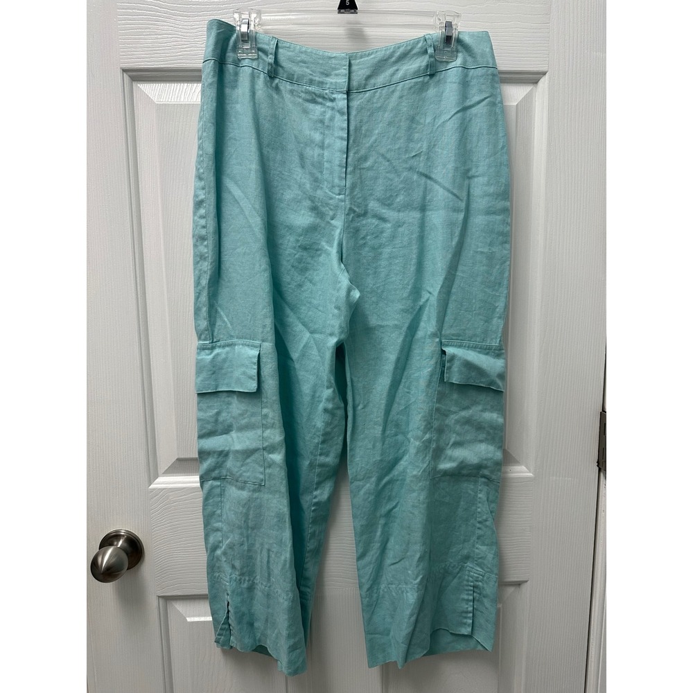 Willi Smith Womens Aqua Blue 100% Linen Cargo Pants Wide Leg Cropped Size 10